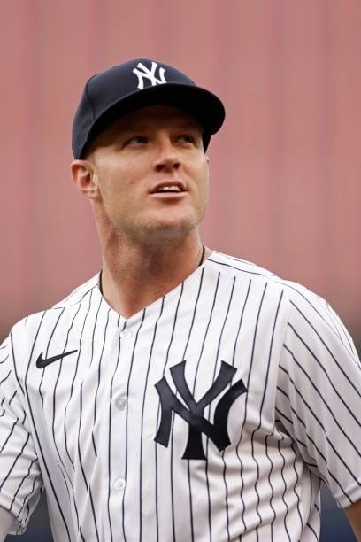 Trey Amburgey of the New York Yankees warms up before a game against the Boston Red Sox at Yankee Stadium on July 16, 2021 in the Bronx borough of...