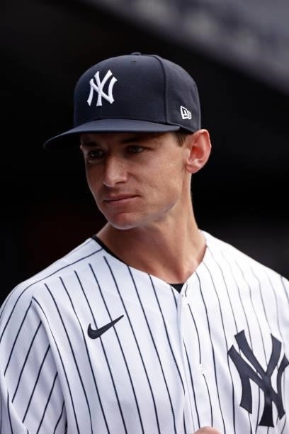Rob Brantly of the New York Yankees in the dugout before a game against the Boston Red Sox at Yankee Stadium on July 16, 2021 in the Bronx borough of...