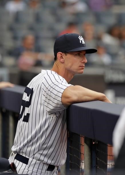 Rob Brantly of the New York Yankees looks on before a game against the Boston Red Sox at Yankee Stadium on July 16, 2021 in the Bronx borough of New...