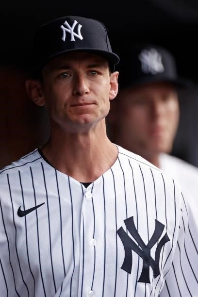 Rob Brantly of the New York Yankees in the dugout before a game against the Boston Red Sox at Yankee Stadium on July 16, 2021 in the Bronx borough of...