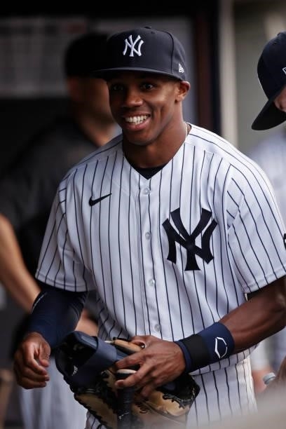 Greg Allen of the New York Yankees in the dugout before a game against the Boston Red Sox at Yankee Stadium on July 16, 2021 in the Bronx borough of...