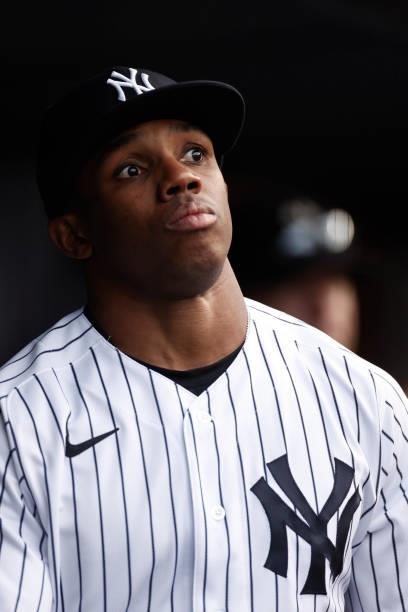 Greg Allen of the New York Yankees in the dugout before a game against the Boston Red Sox at Yankee Stadium on July 16, 2021 in the Bronx borough of...
