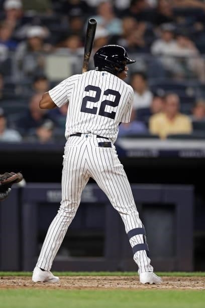 Greg Allen of the New York Yankees at bat during the seventh inning against the Boston Red Sox at Yankee Stadium on July 16, 2021 in the Bronx...