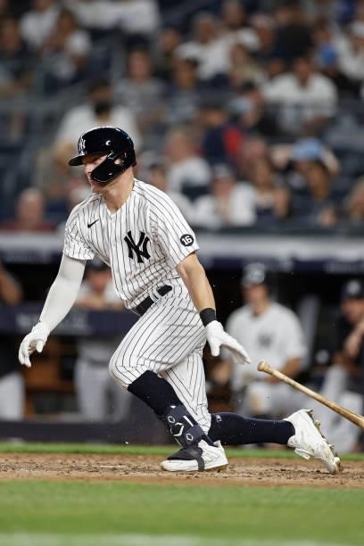 Trey Amburgey of the New York Yankees at bat during the fifth inning against the Boston Red Sox at Yankee Stadium on July 16, 2021 in the Bronx...