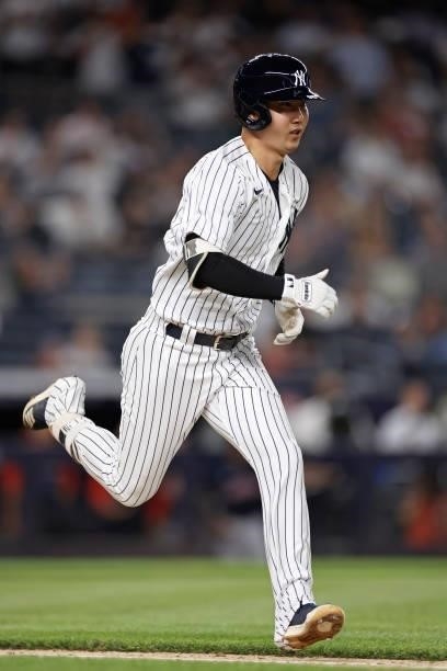 Hoy Park of the New York Yankees at bat during the seventh inning against the Boston Red Sox at Yankee Stadium on July 16, 2021 in the Bronx borough...