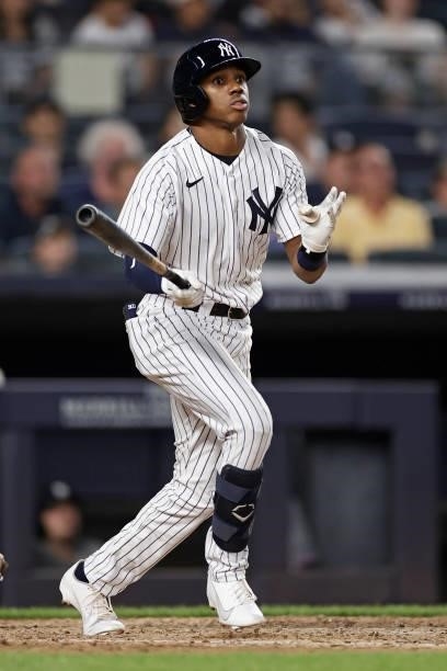 Greg Allen of the New York Yankees at bat during the seventh inning against the Boston Red Sox at Yankee Stadium on July 16, 2021 in the Bronx...