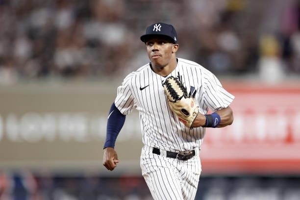 Greg Allen of the New York Yankees runs in from the outfield during the ninth inning against the Boston Red Sox at Yankee Stadium on July 16, 2021 in...