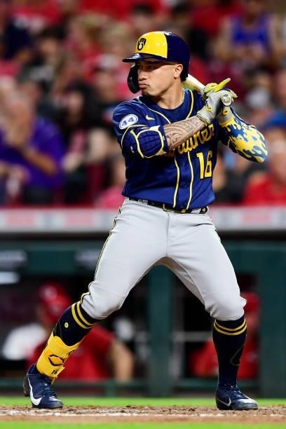 Kolten Wong of the Milwaukee Brewers at-bat during a game between the Milwaukee Brewers and Cincinnati Reds at Great American Ball Park on July 16,...