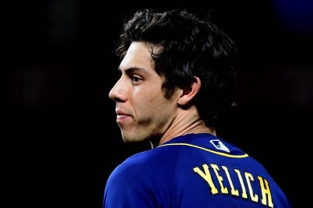 Christian Yelich of the Milwaukee Brewers looks on during a game between the Milwaukee Brewers and Cincinnati Reds at Great American Ball Park on...