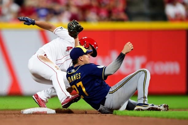 Willy Adames of the Milwaukee Brewers catches Shogo Akiyama of the Cincinnati Reds stealing second base during a game between the Milwaukee Brewers...