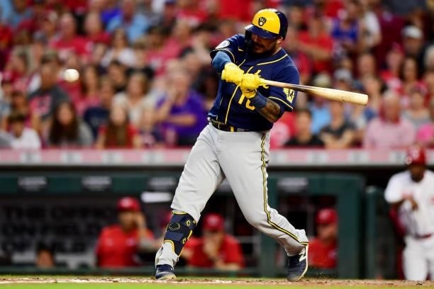 Omar Narvaez of the Milwaukee Brewers at-bat during a game between the Milwaukee Brewers and Cincinnati Reds at Great American Ball Park on July 16,...