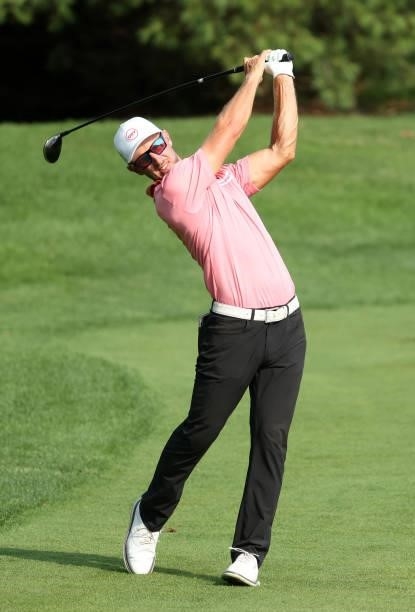 Derek Ernst plays his second shot on the 11th hole during the third round of the Barbasol Championship at Keene Trace Golf Club on July 17, 2021 in...