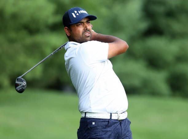 Anirban Lahiri of India plays his shot on the 11th hole during the third round of the Barbasol Championship at Keene Trace Golf Club on July 17, 2021...