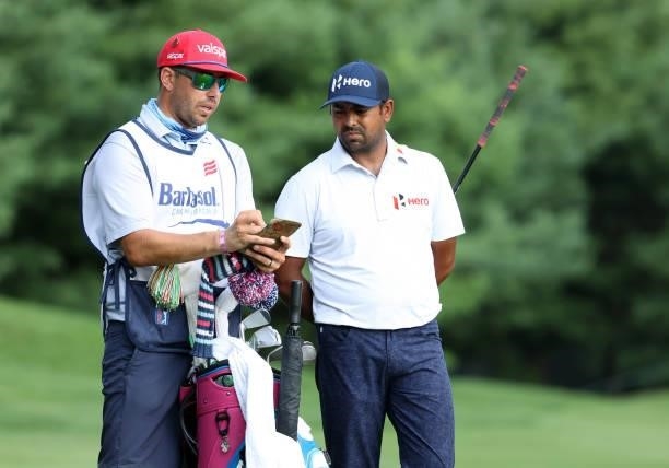 Anirban Lahiri of India prepares to play his shot on the 11th hole during the third round of the Barbasol Championship at Keene Trace Golf Club on...