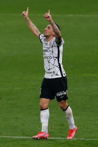 Gustavo of Corinthians celebrates after scoring his team first goal during a match between Corinthians and Atletico Mineiro as part of Brasileirao...