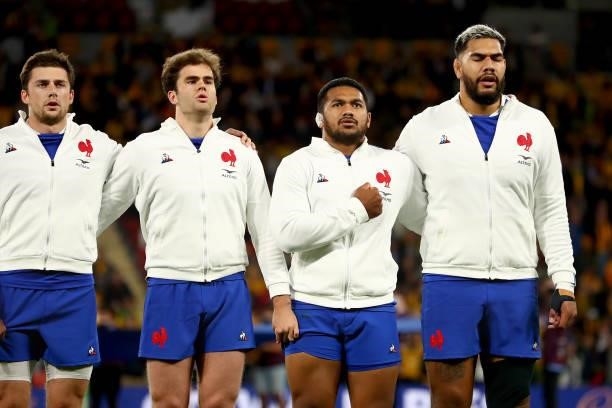 Sipili Falatea of France and team mates during the national anthem during the International Test Match between the Australian Wallabies and France at...