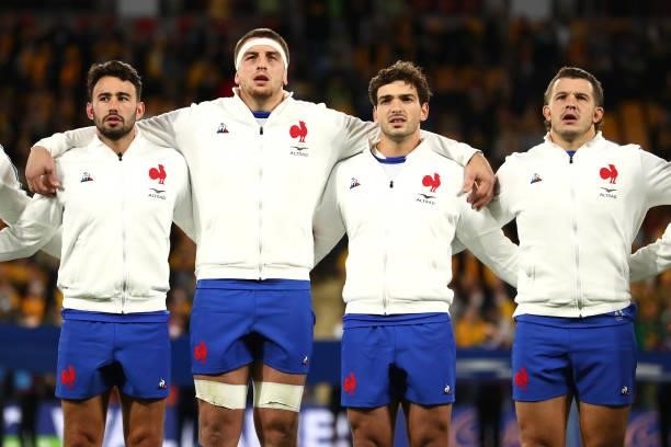 Baptiste Pesenti of France and team mates during the national anthem during the International Test Match between the Australian Wallabies and France...