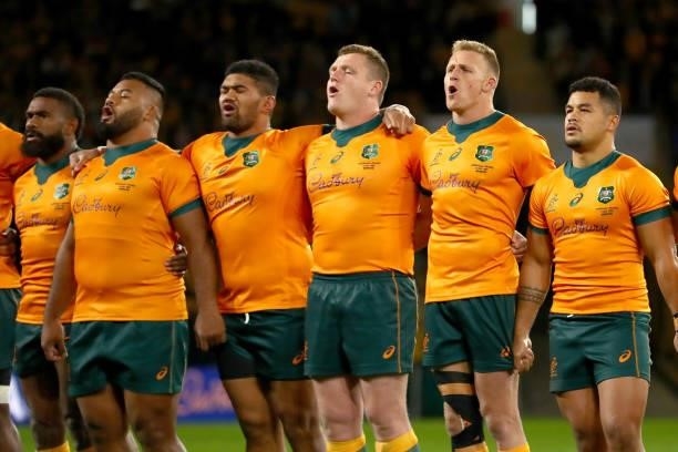 Reece Hodge of the Wallabies and team mates during the national anthem during the International Test Match between the Australian Wallabies and...