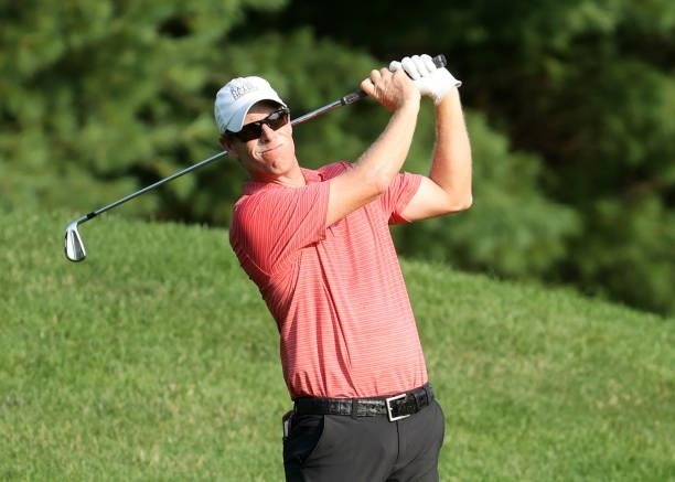 David Hearn of Canada plays his second shot on the 11th hole during the third round of the Barbasol Championship at Keene Trace Golf Club on July 17,...