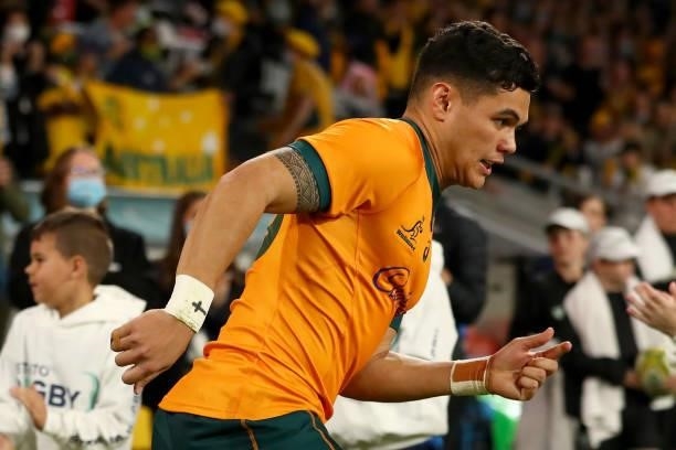 Noah Lolesio of the Wallabies runs out during the International Test Match between the Australian Wallabies and France at Suncorp Stadium on July 17,...