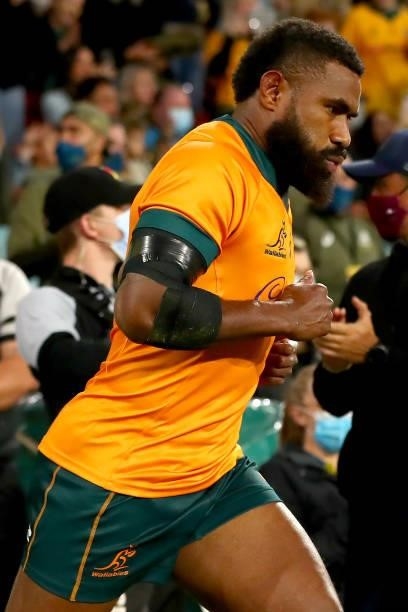 Marika Koroibete of the Wallabies runs out during the International Test Match between the Australian Wallabies and France at Suncorp Stadium on July...
