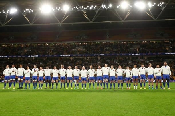 France during the national anthem during the International Test Match between the Australian Wallabies and France at Suncorp Stadium on July 17, 2021...