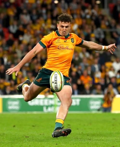 Tom Banks of the Wallabies kicks the ball during the International Test Match between the Australian Wallabies and France at Suncorp Stadium on July...