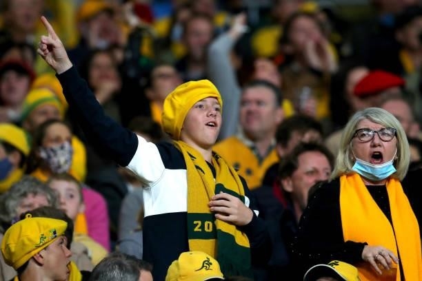 Fans show support during the International Test Match between the Australian Wallabies and France at Suncorp Stadium on July 17, 2021 in Brisbane,...
