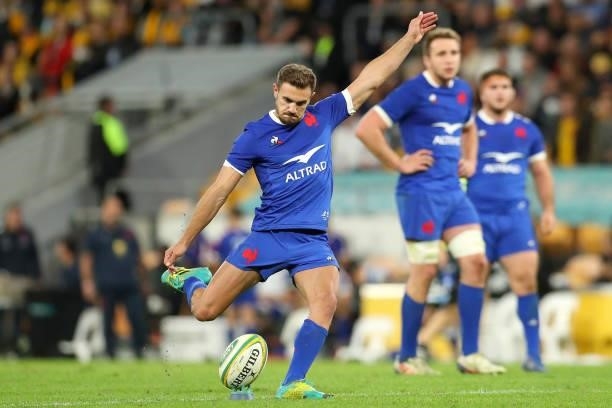Melvyn Jaminet of France kicks during the International Test Match between the Australian Wallabies and France at Suncorp Stadium on July 17, 2021 in...