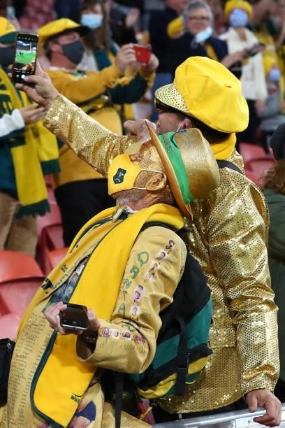 Fans show support during the International Test Match between the Australian Wallabies and France at Suncorp Stadium on July 17, 2021 in Brisbane,...