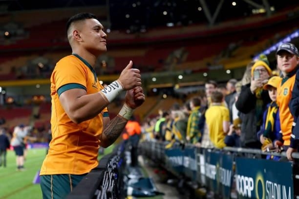 Leni Ikitau of the Wallabies greats supporters during the International Test Match between the Australian Wallabies and France at Suncorp Stadium on...