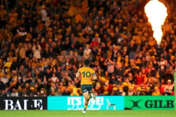 Noah Lolesio of the Wallabies celebrates during the International Test Match between the Australian Wallabies and France at Suncorp Stadium on July...