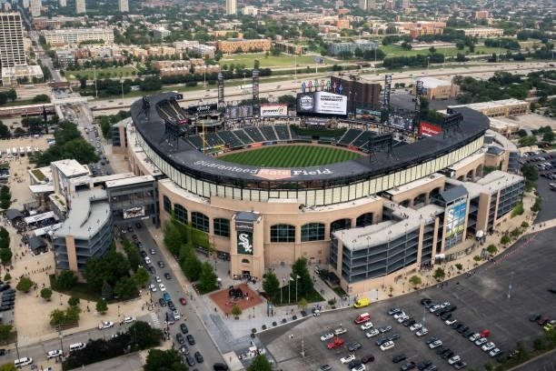 General overview of Guaranteed Rate Field is seen in this aerial view prior to the game between the Houston Astros and the Chicago White Sox at...