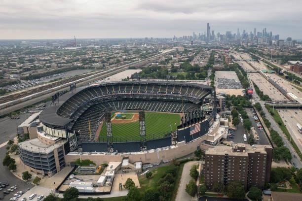 General overview of Guaranteed Rate Field is seen in this aerial view prior to the game between the Houston Astros and the Chicago White Sox at...