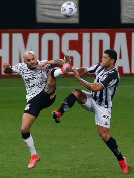 Fabio Santos of Corinthians fight for the ball against Hulk of Atletico Mineiro during a match between Corinthians and Atletico Mineiro as part of...