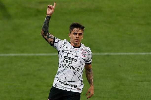 Fagner of Corinthians gestures during a match between Corinthians and Atletico Mineiro as part of Brasileirao 2021 at Arena Corinthians stadium on...