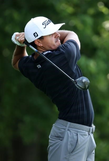 Joseph Bramlett plays his shot from the third tee during the third round of the Barbasol Championship at Keene Trace Golf Club on July 17, 2021 in...