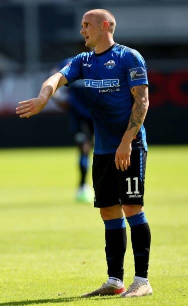 Sven Michel of Paderborn reacts during the pre-season match between SC Paderborn and Borussia Moenchengladbach at Benteler Arena on July 17, 2021 in...