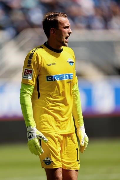 Leopold Zingerle of Paderborn reacts during the pre-season match between SC Paderborn and Borussia Moenchengladbach at Benteler Arena on July 17,...