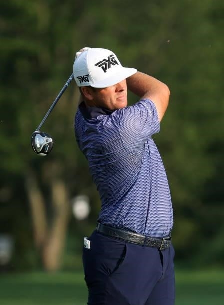 Luke List plays his shot on the 11th hole during the third round of the Barbasol Championship at Keene Trace Golf Club on July 17, 2021 in...