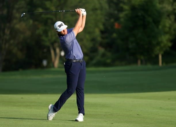 Luke List plays his shot on the 11th hole during the third round of the Barbasol Championship at Keene Trace Golf Club on July 17, 2021 in...