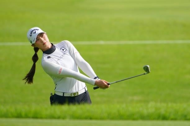 Asuka Kashiwabara of Japan hits her third shot on the 1st hole during third round of the GMO Internet Ladies Samantha Thavasa Global Cup at Eagle...