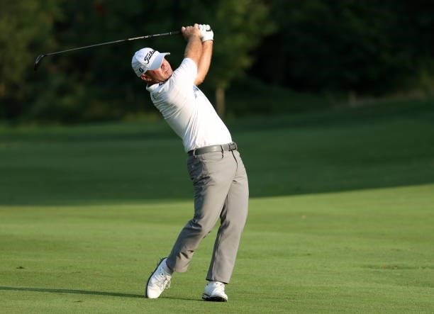 Ryan Armour plays his second shot on the 11th hole during the third round of the Barbasol Championship at Keene Trace Golf Club on July 17, 2021 in...