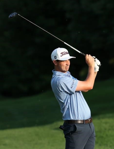 Poston plays his second shot on the 11th hole during the third round of the Barbasol Championship at Keene Trace Golf Club on July 17, 2021 in...