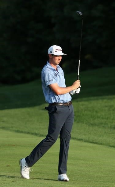 Poston plays his second shot on the 11th hole during the third round of the Barbasol Championship at Keene Trace Golf Club on July 17, 2021 in...