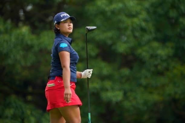 Ai Suzuki of Japan reacts after her tee shot on the 2nd hole during third round of the GMO Internet Ladies Samantha Thavasa Global Cup at Eagle Point...