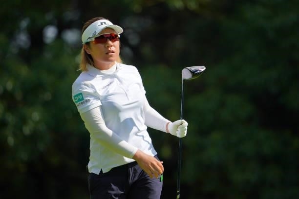Eri Okayama of Japan hits her tee shot on the 2nd hole during third round of the GMO Internet Ladies Samantha Thavasa Global Cup at Eagle Point Golf...
