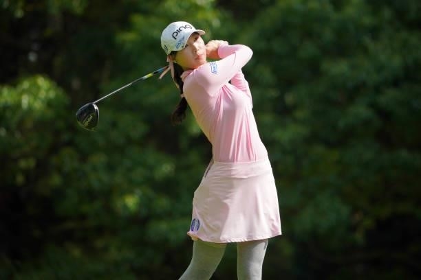 Fumie Tsune of Japan hits her tee shot on the 2nd hole during third round of the GMO Internet Ladies Samantha Thavasa Global Cup at Eagle Point Golf...