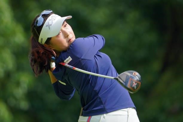 Serena Aoki of Japan hits her tee shot on the 2nd hole during third round of the GMO Internet Ladies Samantha Thavasa Global Cup at Eagle Point Golf...