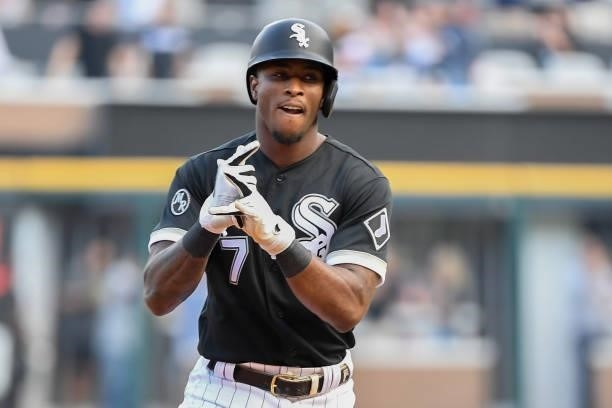 Tim Anderson of the Chicago White Sox reacts after hitting a home run in the third inning against the Houston Astros at Guaranteed Rate Field on July...
